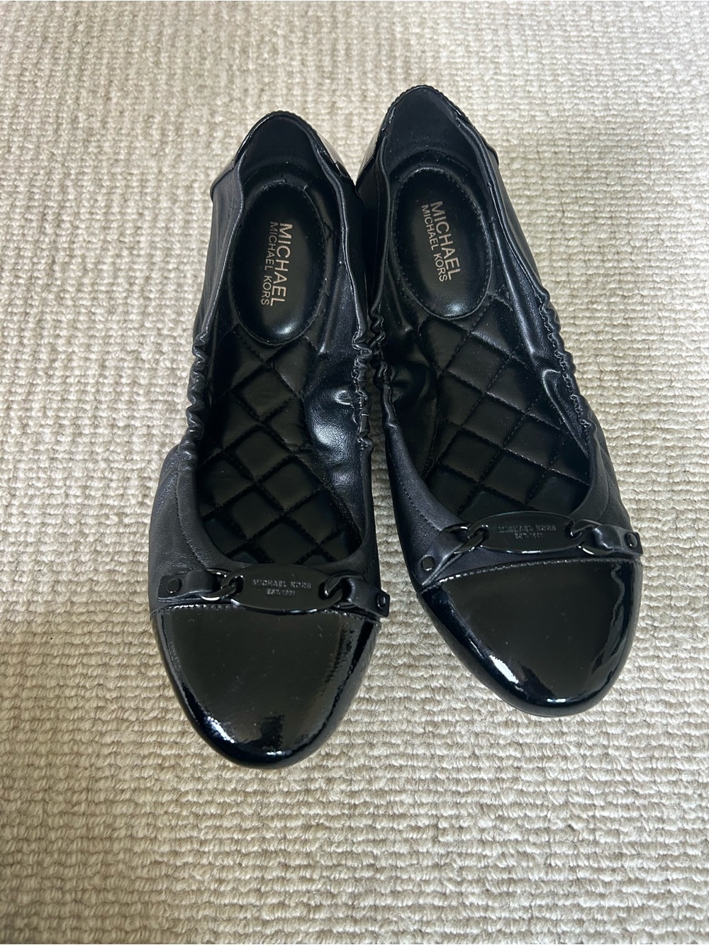 MICHAEL Michael Kors Black Quilted Patent Toe Ballet Flats